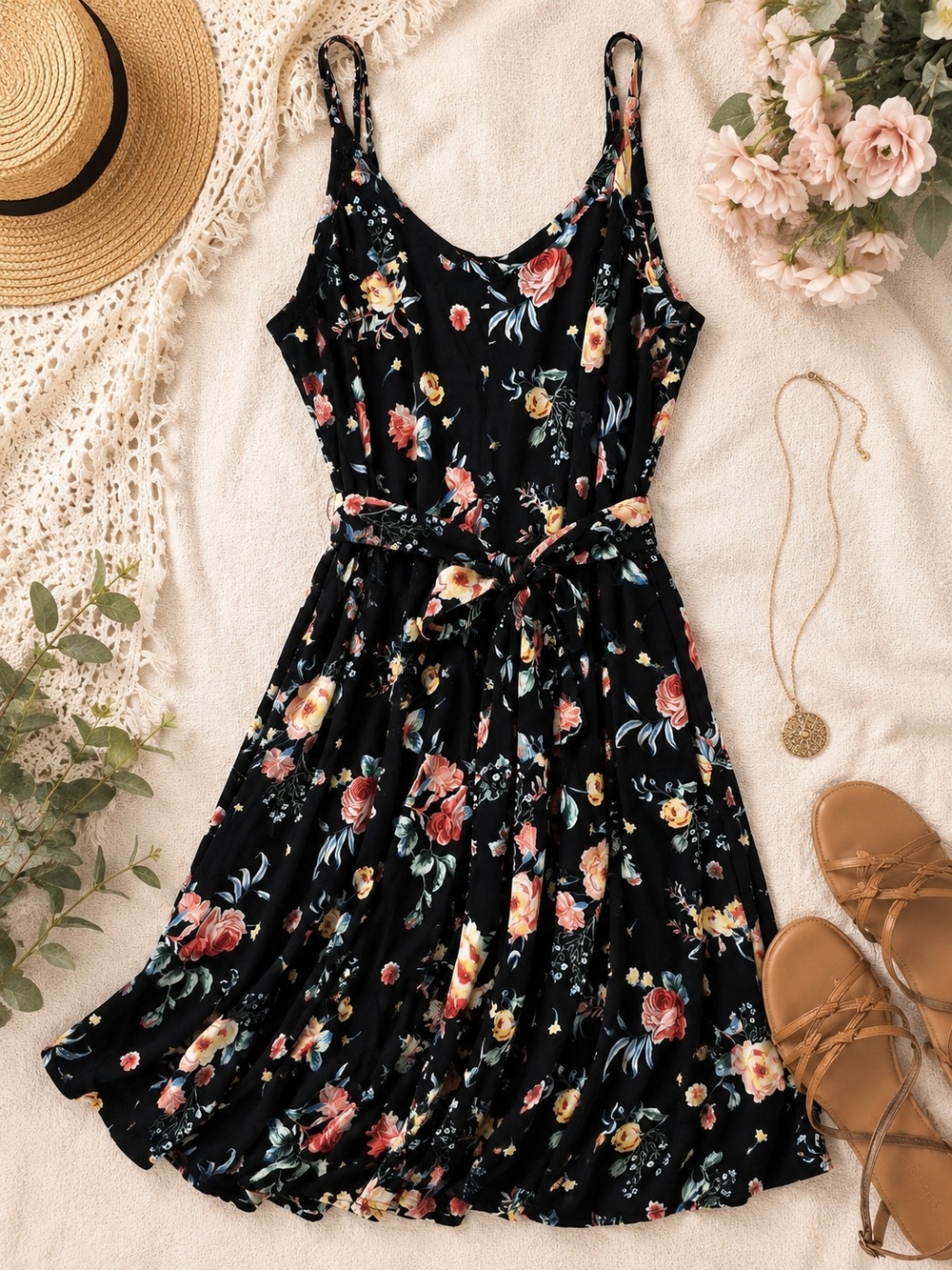 torrid Black Floral Tie-Waist Mini Dress